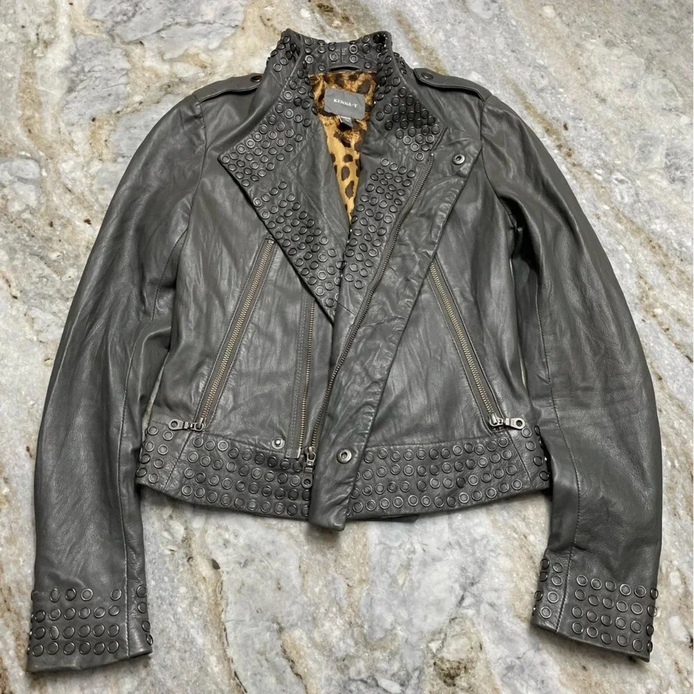 KENNA-T Women’s Biker Moto Jacket Gray Soft Leather Ring Accent Studded Size XS